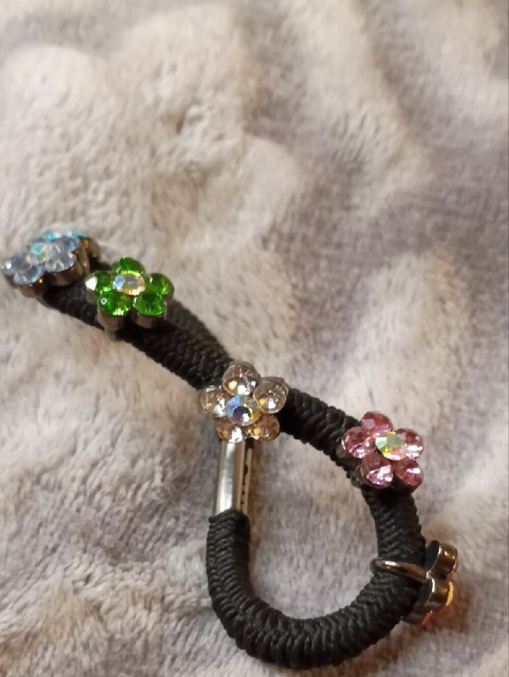 Source Unknown Black Hair Tie with Pink, Clear and Green Flower Charms - Picture 6 of 6